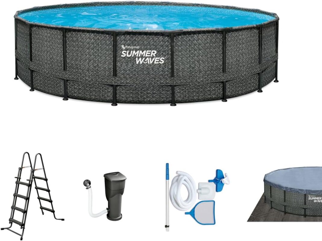 Summer Waves Frame Pool Komplettset | Rund 488x122 cm Rattanoptik Grau | Aufstellpool Set | Gartenpool & Schwimmbecken inkl. Filterpumpe, Einstiegsleiter, Abdeckplane, Bodenvlies & Reinigungsset