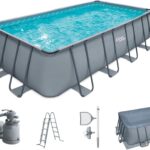 Summer Waves Frame Pool Komplettset | Rechteckig 549x274x132 cm Grau | Aufstellpool Set | Gartenpool & Schwimmbecken inkl. Sandfilterpumpe, Bodenvlies, Abdeckplane & Einstiegsleiter