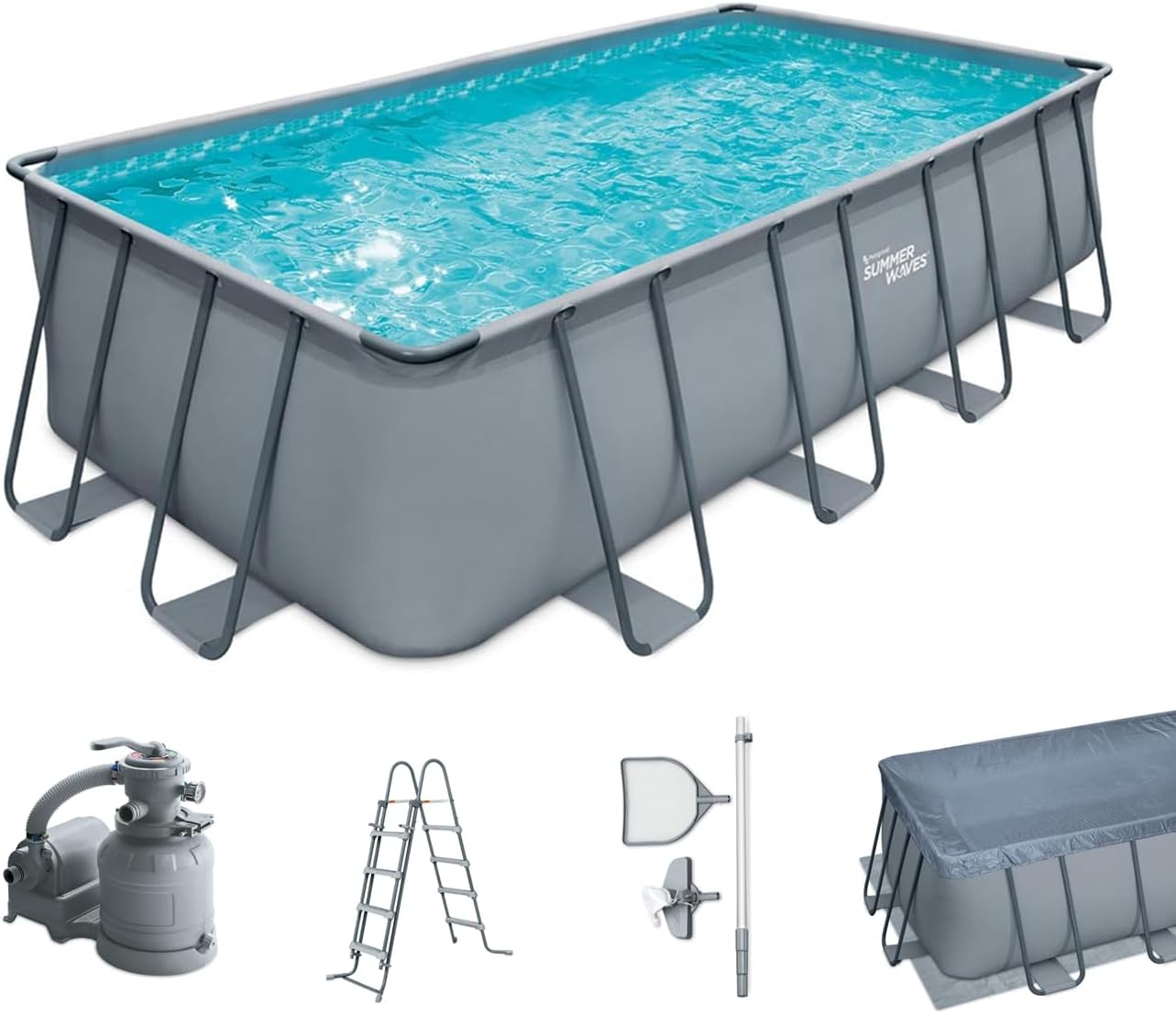 61zo7xgr3gL._AC_SL1334 Summer Waves Frame Pool Komplettset | Rechteckig 549x274x132 cm Grau | Aufstellpool Set | Gartenpool & Schwimmbecken inkl. Sandfilterpumpe, Bodenvlies, Abdeckplane & Einstiegsleiter