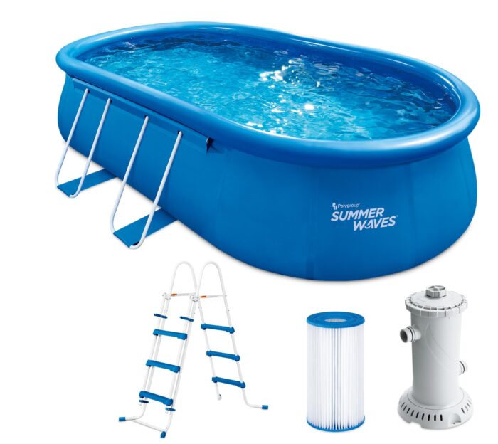 Summer Waves Frame Pool Komplettset | Rund 427x107 cm Steinoptik Grau | Aufstellpool Set | Gartenpool & Schwimmbecken inkl. Filterpumpe