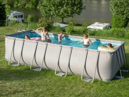 Summer Waves Frame Pool Komplettset | Rechteckig 549x274x132 cm Grau | Aufstellpool Set | Gartenpool & Schwimmbecken inkl. Sandfilterpumpe, Bodenvlies, Abdeckplane & Einstiegsleiter