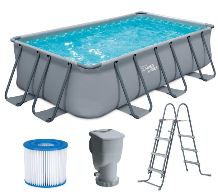 Summer Waves Frame Pool Komplettset | Rund 488x122 cm Rattanoptik Grau | Aufstellpool Set | Gartenpool & Schwimmbecken inkl. Filterpumpe, Einstiegsleiter, Abdeckplane, Bodenvlies & Reinigungsset