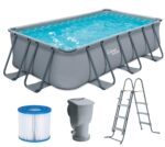 Summer Waves Frame Pool Komplettset | Rechteckig 549x274x132 cm Grau | Aufstellpool Set | Gartenpool & Schwimmbecken inkl. Sandfilterpumpe, Bodenvlies, Abdeckplane & Einstiegsleiter