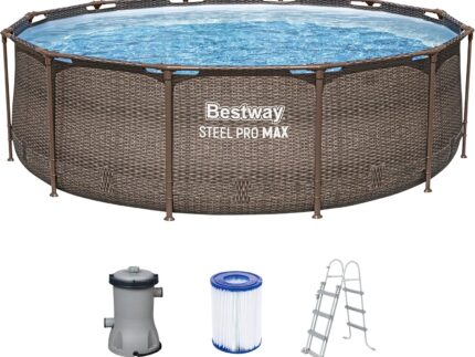 Bestway Steel Pro MAX Frame Pool-Set mit Filterpumpe Ø 366 x 100 cm, Rattan-Optik (Schokobraun), rund