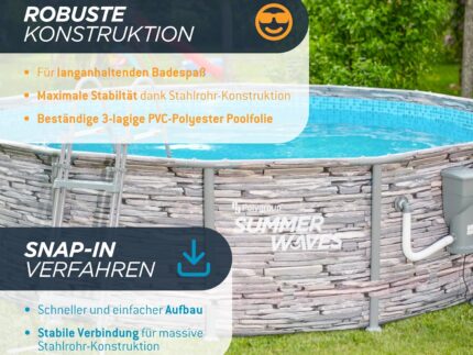 Summer Waves Frame Pool Komplettset | Rund 427x107 cm Steinoptik Grau | Aufstellpool Set | Gartenpool & Schwimmbecken inkl. Filterpumpe