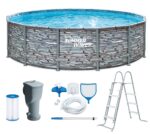 Summer Waves Frame Pool Komplettset | Rund 488x122 cm Rattanoptik Grau | Aufstellpool Set | Gartenpool & Schwimmbecken inkl. Filterpumpe, Einstiegsleiter, Abdeckplane, Bodenvlies & Reinigungsset