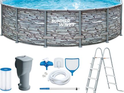 Summer Waves Frame Pool Komplettset | Rund 427x107 cm Steinoptik Grau | Aufstellpool Set | Gartenpool & Schwimmbecken inkl. Filterpumpe
