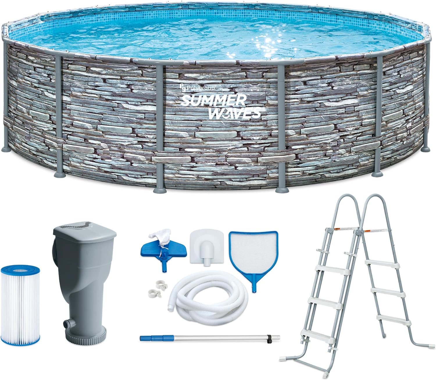 81UVkCCPMSL._AC_SL1500 Summer Waves Frame Pool Komplettset | Rund 427x107 cm Steinoptik Grau | Aufstellpool Set | Gartenpool & Schwimmbecken inkl. Filterpumpe