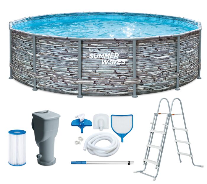 Summer Waves Frame Pool Komplettset | Rund 427x107 cm Steinoptik Grau | Aufstellpool Set | Gartenpool & Schwimmbecken inkl. Filterpumpe